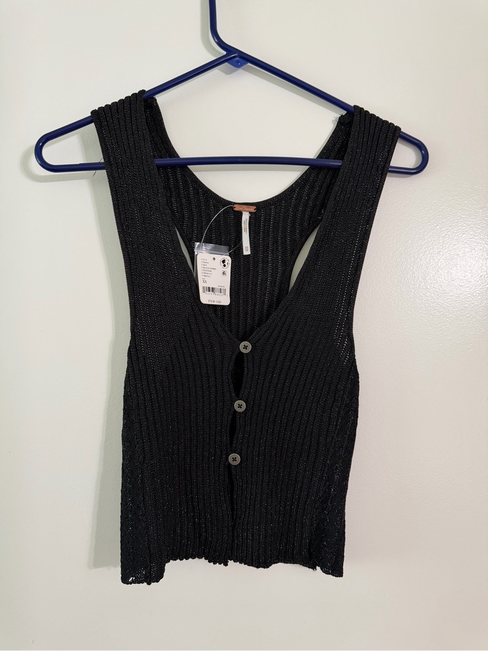 NWT Free People Black Ribbed Button-Front Tank size XS